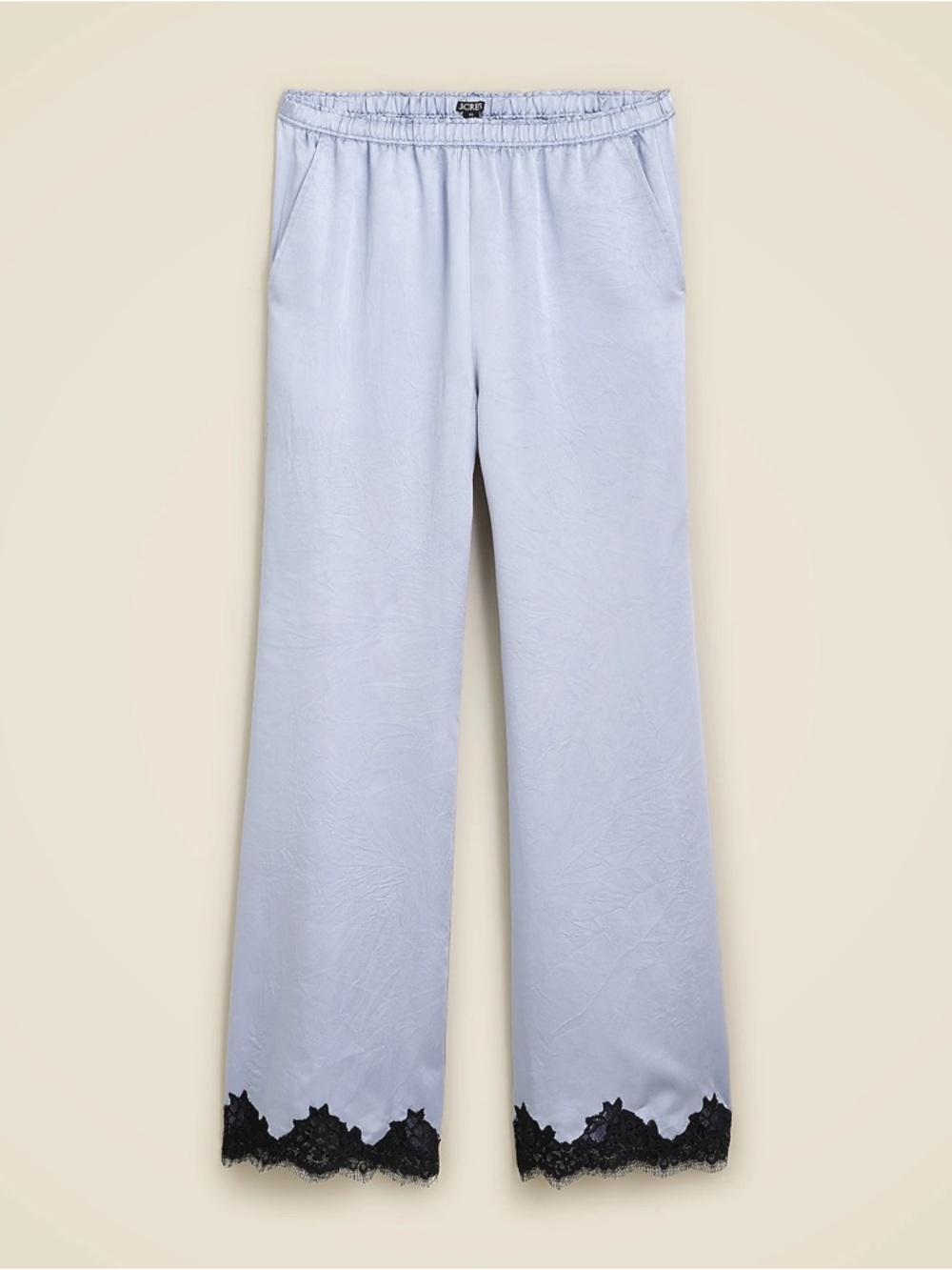 J. Crew Light Blue Satin Wide-Leg Pants with Black Lace Trim - Picture 1 of 8